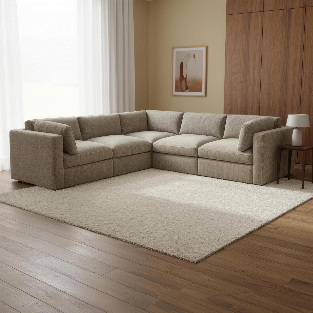 Bellano Corner Sofa in taupe chenille in a warm walnut and limestone living room
