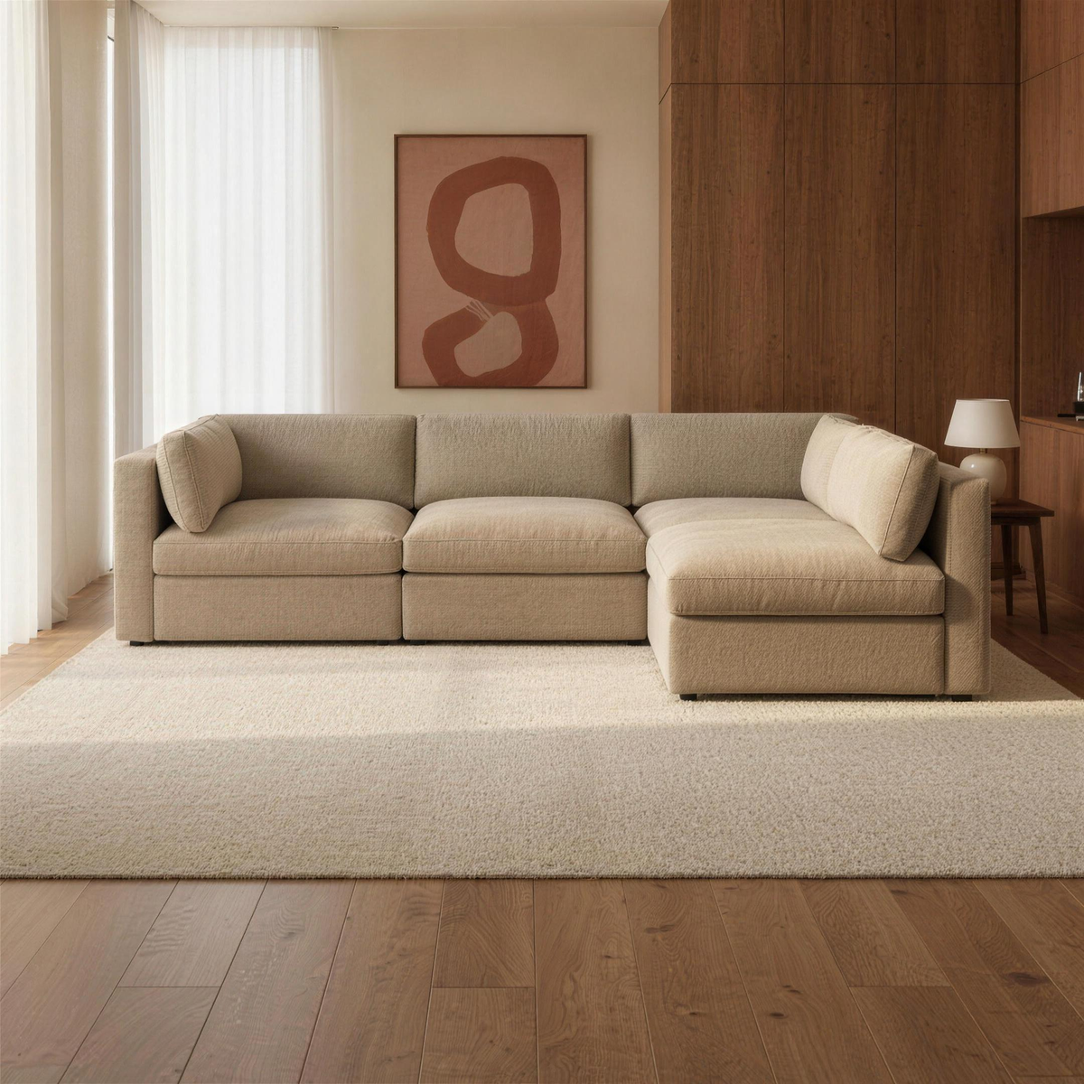 Bellano L-Shape Sofa + Storage Ottoman in taupe chenille in a warm walnut and limestone living room