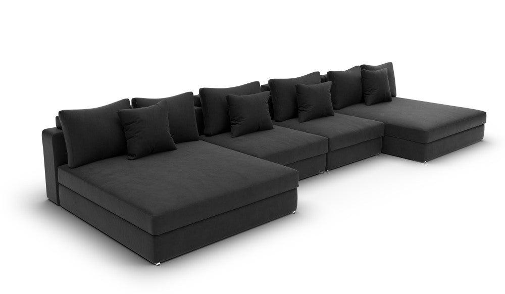 Modern large black sectional sofa with multiple cushions, chaise lounge design