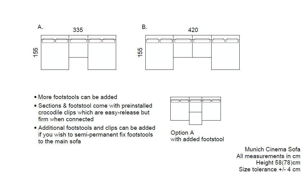 Diagram showing Munich Cinema Sofa layout options with footstool sizes and measurements in cm.