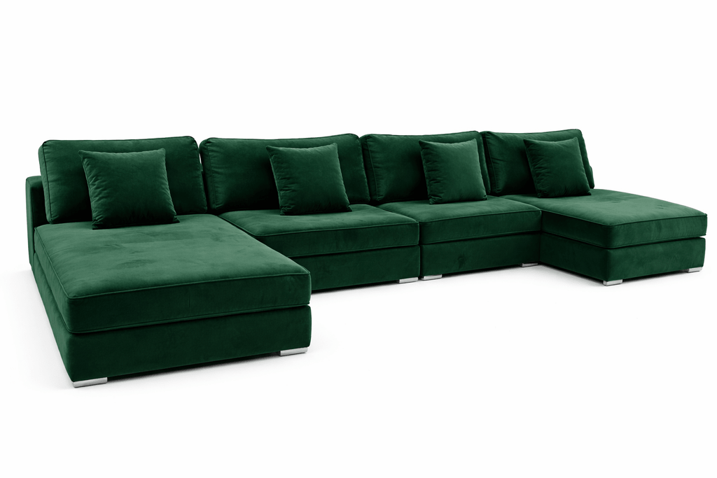 Large green velvet corner sofa with chaise lounge and matching cushions, modern design