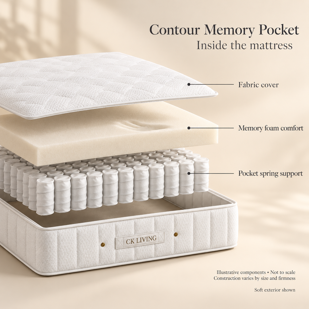 CK Living Contour Memory Pocket Mattress — illustrative exploded view of confirmed comfort and support components; not to scale; construction varies by option