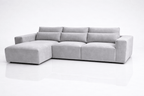 Cream left-hand facing corner sofa with chaise, modern three-seater design, on white background