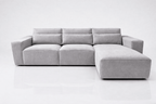 Cream left-hand facing corner sofa with chaise, modern 3 seater design on white background