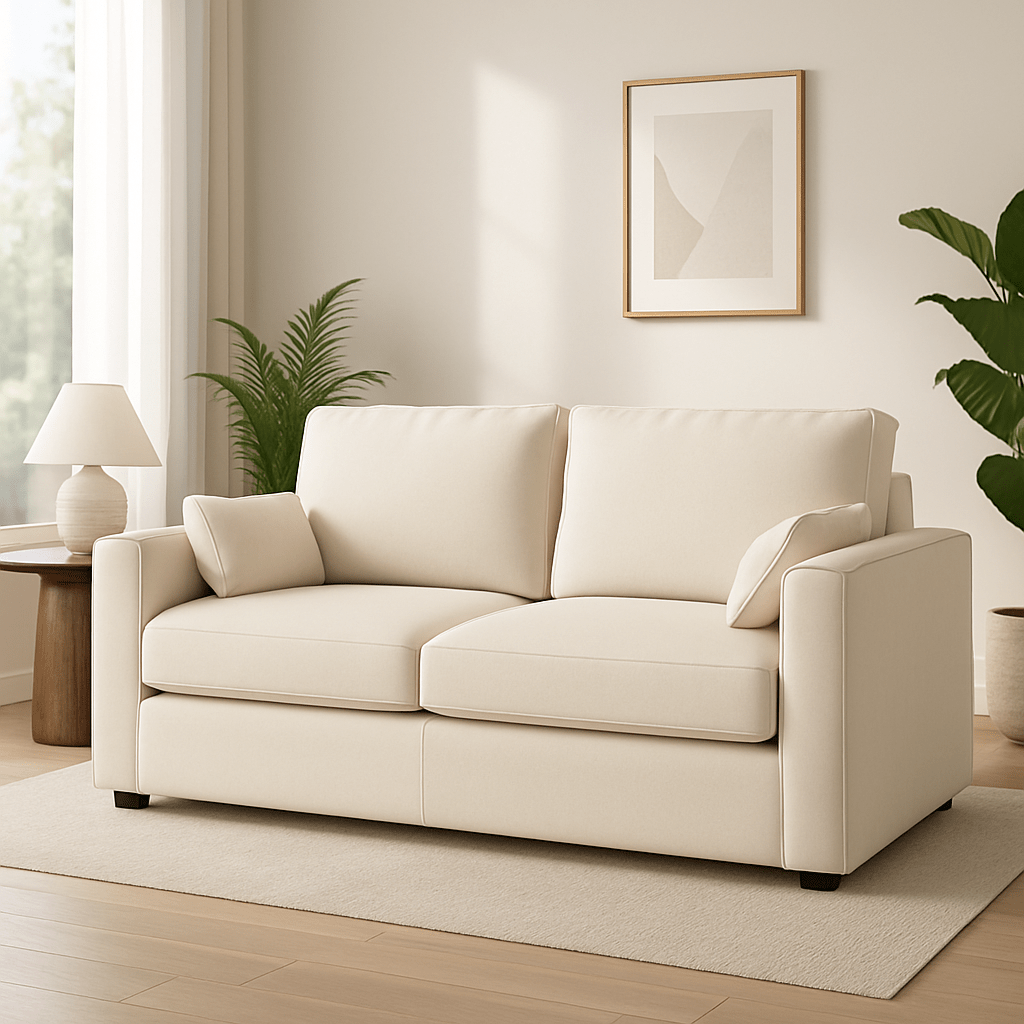 Cream 2 seater sofa with cushions in modern living room, neutral decor, indoor plants