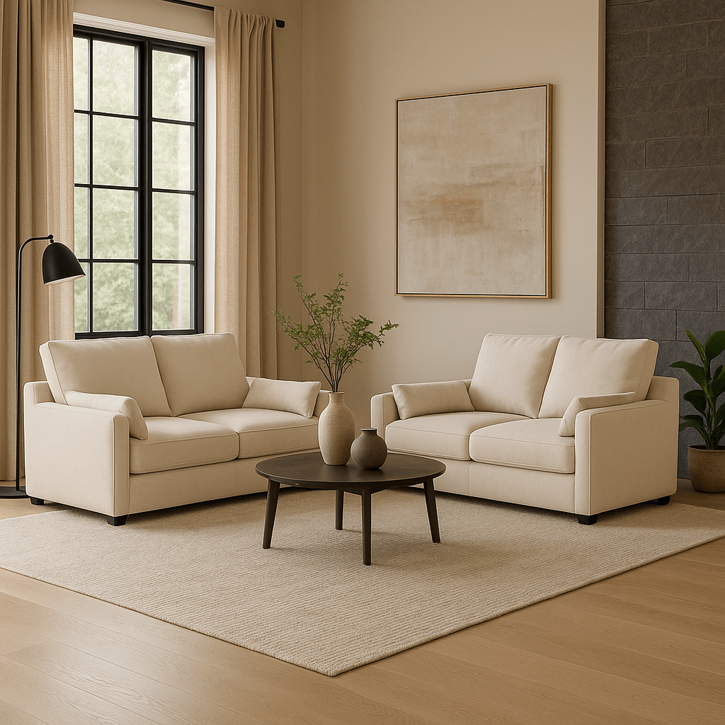Cream corner sofa set with two seater couches in a modern living room, neutral decor