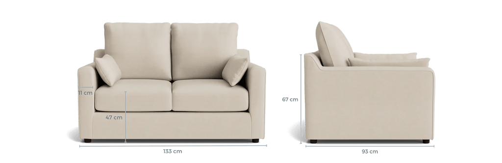 Cream 2-seater sofa with cushions, shown front and side, includes detailed size dimensions