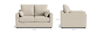 Cream 2-seater sofa with cushions, shown front and side, includes detailed size dimensions