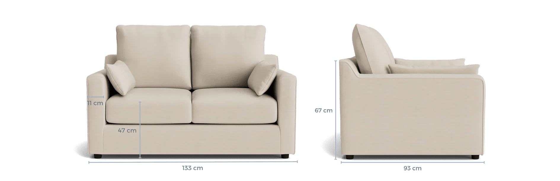 Cream 2-seater sofa with cushions, shown front and side, includes detailed size dimensions