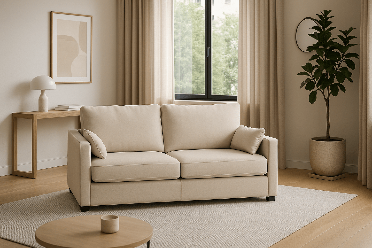 Cream 3-seater sofa in a modern living room with neutral decor and natural light.