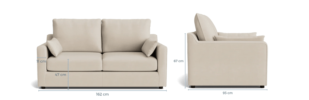 Cream 3-seater sofa with plush cushions, armrests, and dimensions labeled