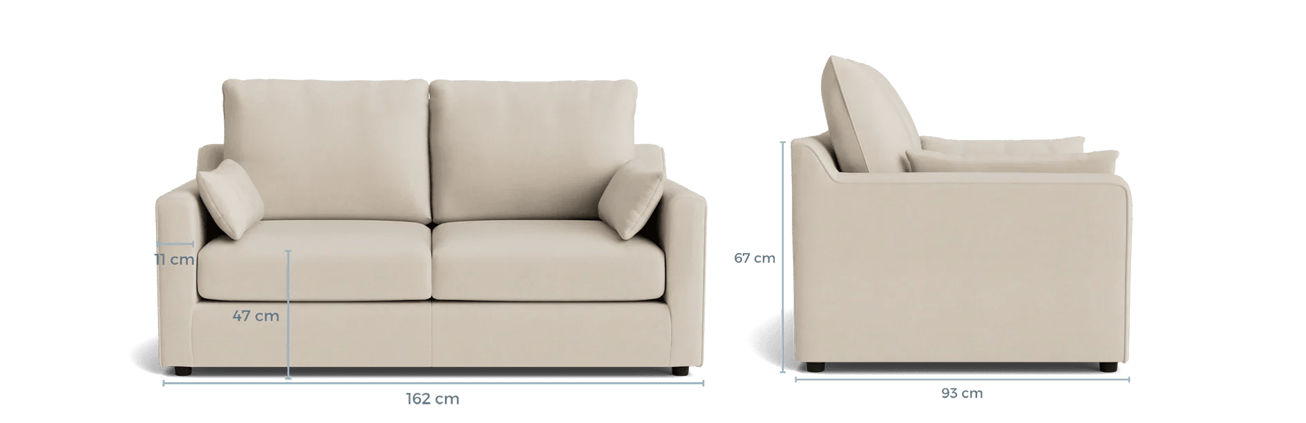 Cream 3-seater sofa with plush cushions, armrests, and dimensions labeled