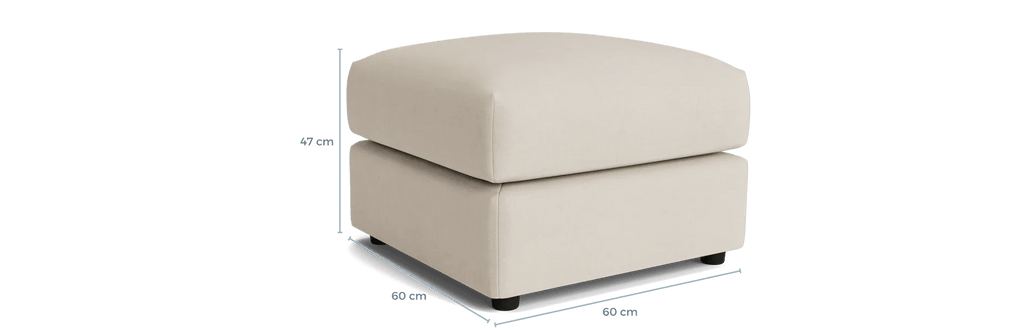 Cream upholstered footstool with square shape, 60cm x 60cm, 47cm high.