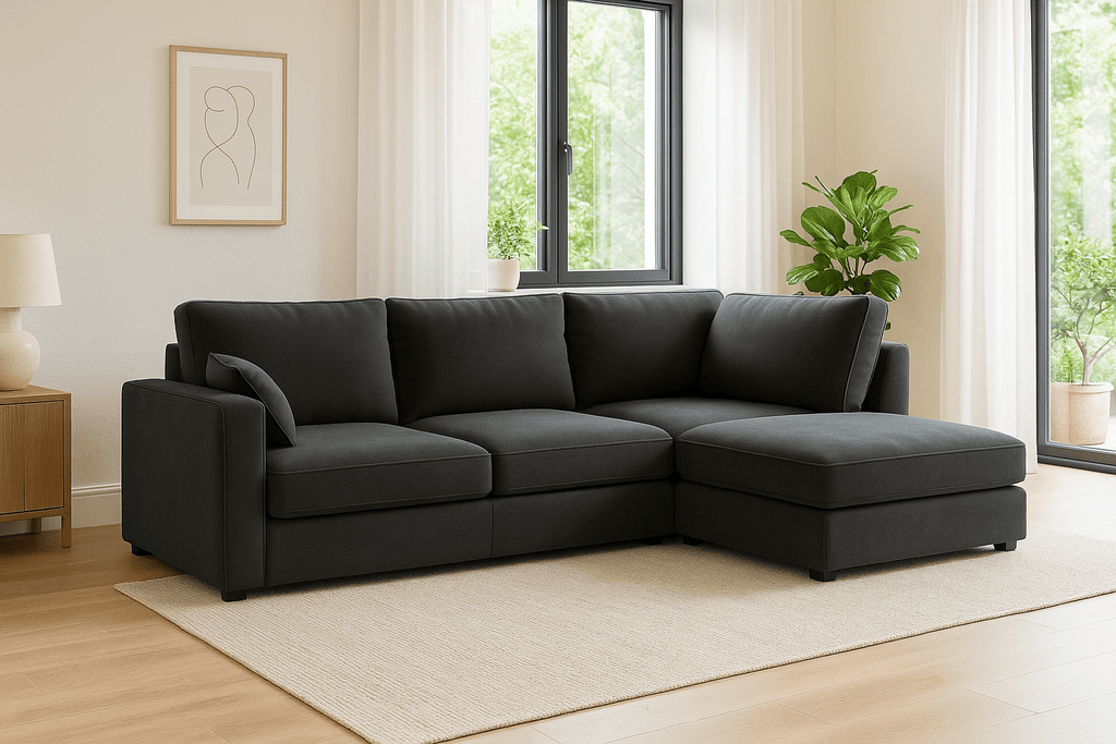 Modern dark grey corner sofa with chaise lounge in a bright living room