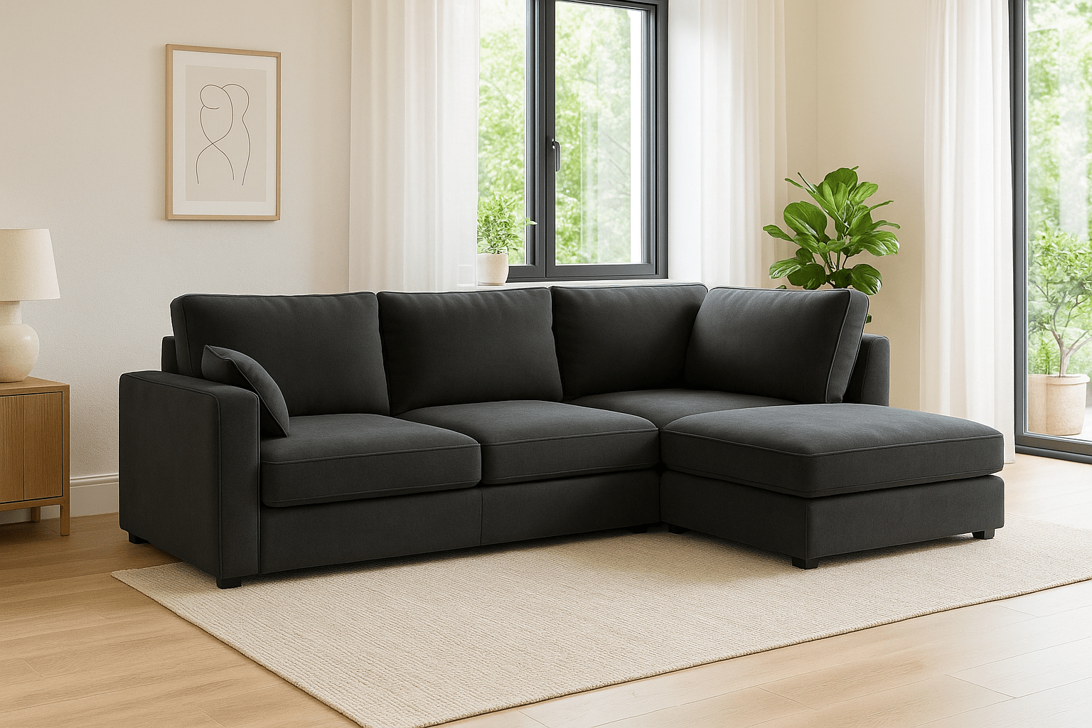 Modern dark grey corner sofa with chaise lounge in a bright living room