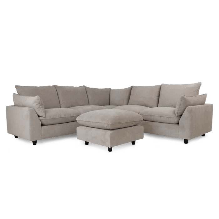 Cream corner sofa set with chaise and matching ottoman, modern upholstered living room furniture