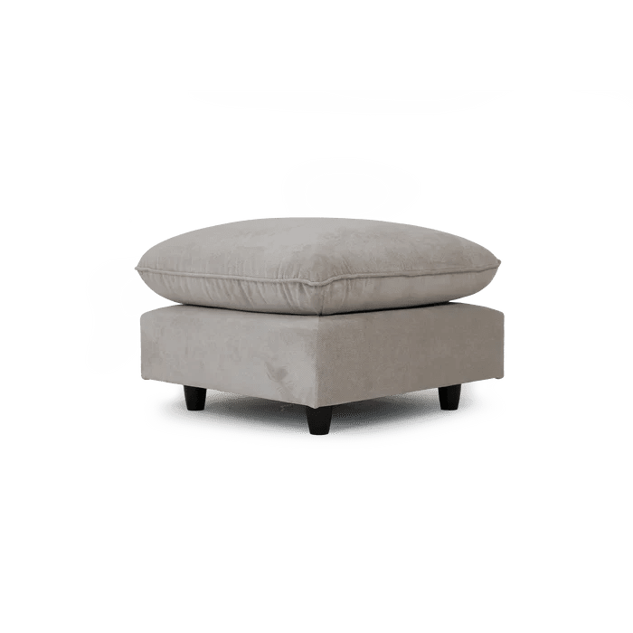 Cream fabric ottoman with plush cushion and dark wooden legs, modern living room footstool