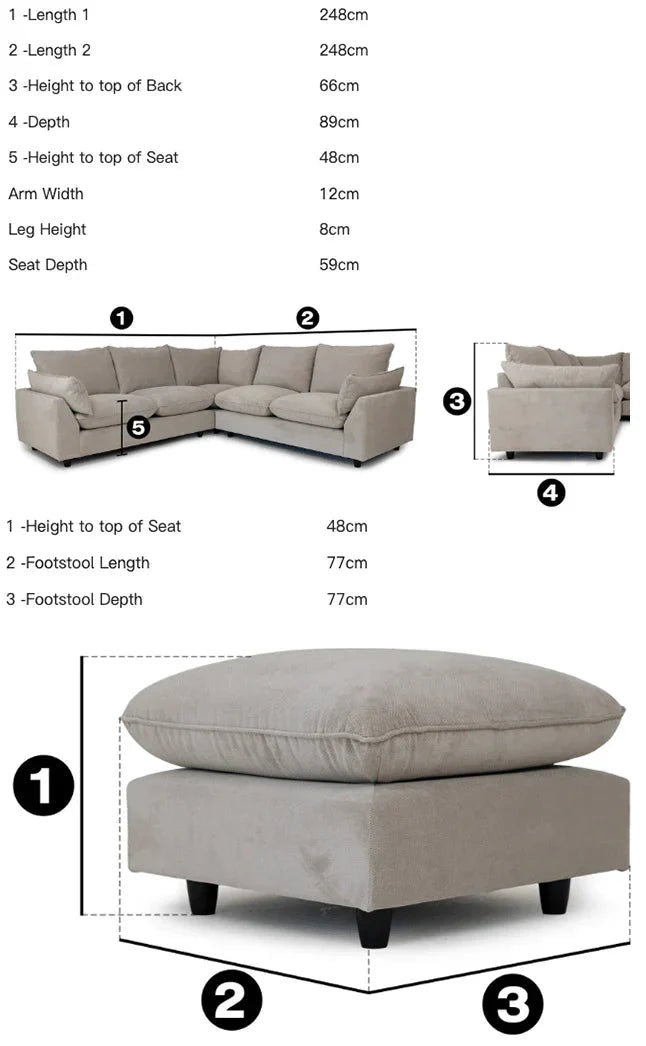 Cream corner sofa set with footstool and detailed product dimensions, modern design.