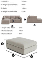 Cream right corner sofa and matching footstool with dimensions labeled for living room furniture.