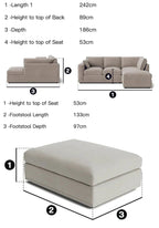 Cream corner sofa and footstool with labeled dimensions for length, height, and depth
