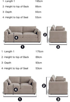 Two beige sofas with labeled measurements showing length, height, depth, and seat height.
