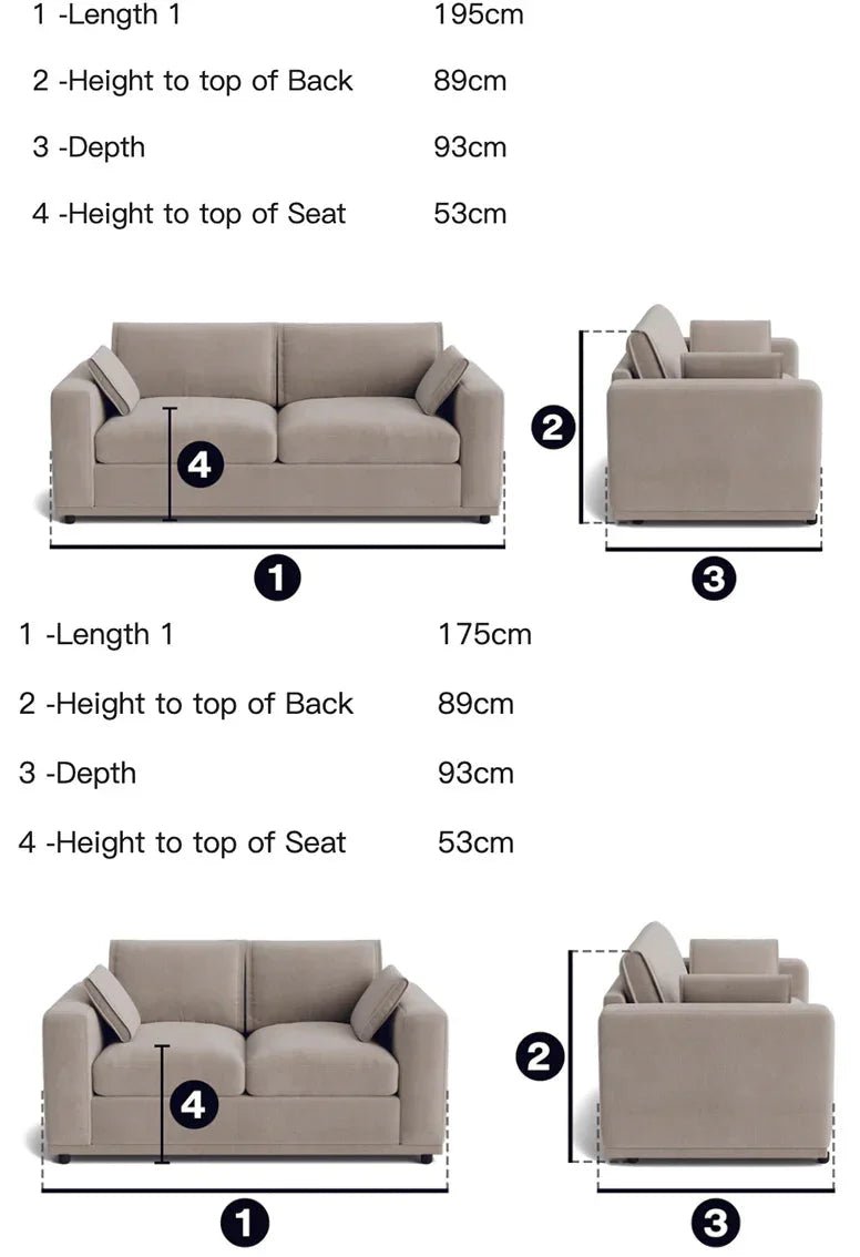 Two beige sofas with labeled measurements showing length, height, depth, and seat height.