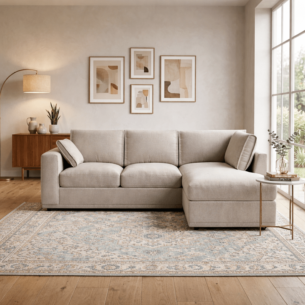 Cream right corner sofa in a modern living room with abstract wall art and large window