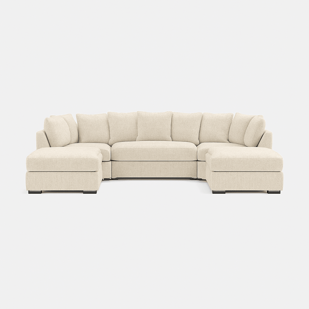 U-shaped beige corner sofa with plush cushions, modern sectional seating, neutral background