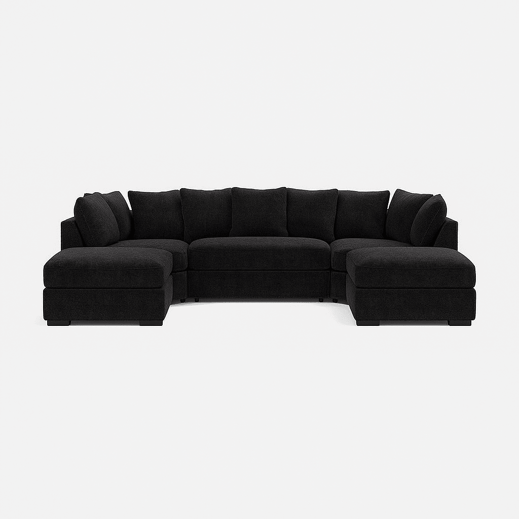 Large U-shaped corner sofa in dark fabric with plush cushions, modern sectional seating