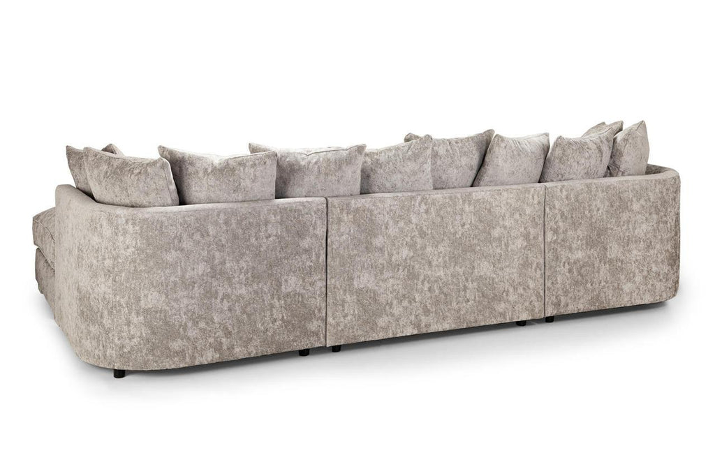 U-shaped corner sofa in light grey fabric with multiple back cushions, rear view