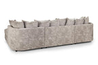 U-shaped corner sofa in light grey fabric with multiple back cushions, rear view