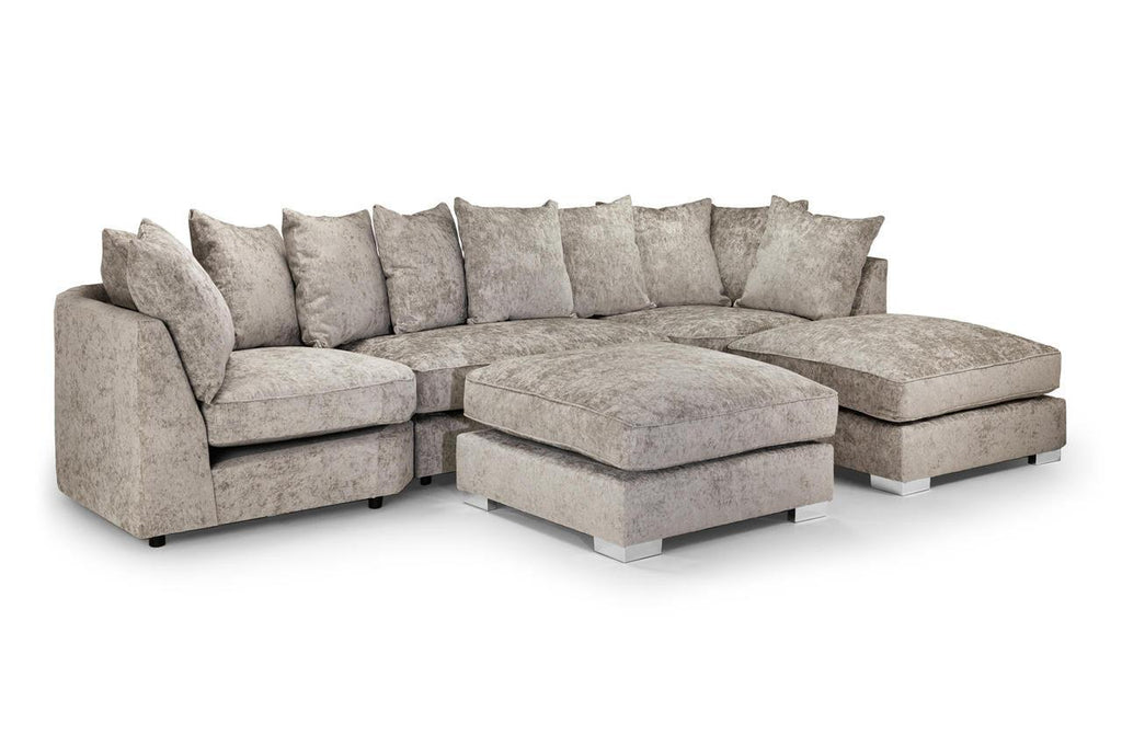 Modern grey U-shaped corner sofa with plush cushions and textured fabric upholstery