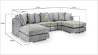 Grey U-shape corner sofa with plush cushions, shown with detailed dimensions and measurements.