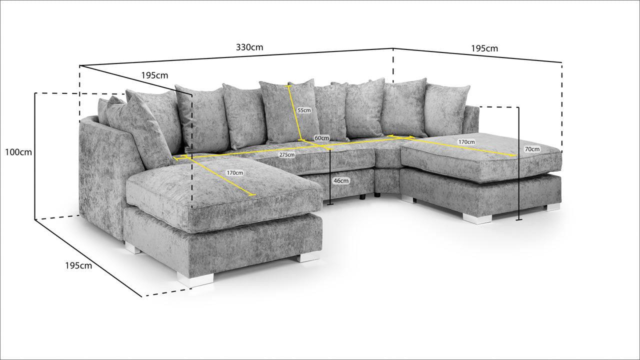 Grey U-shape corner sofa with plush cushions, shown with detailed dimensions and measurements.
