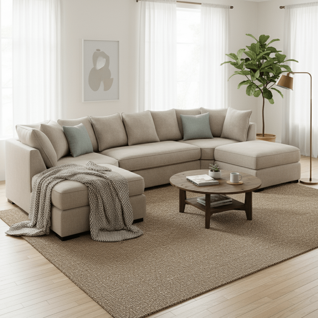 Large beige corner sofa in modern living room with neutral decor and wooden coffee table