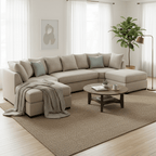Large beige corner sofa in modern living room with neutral decor and wooden coffee table