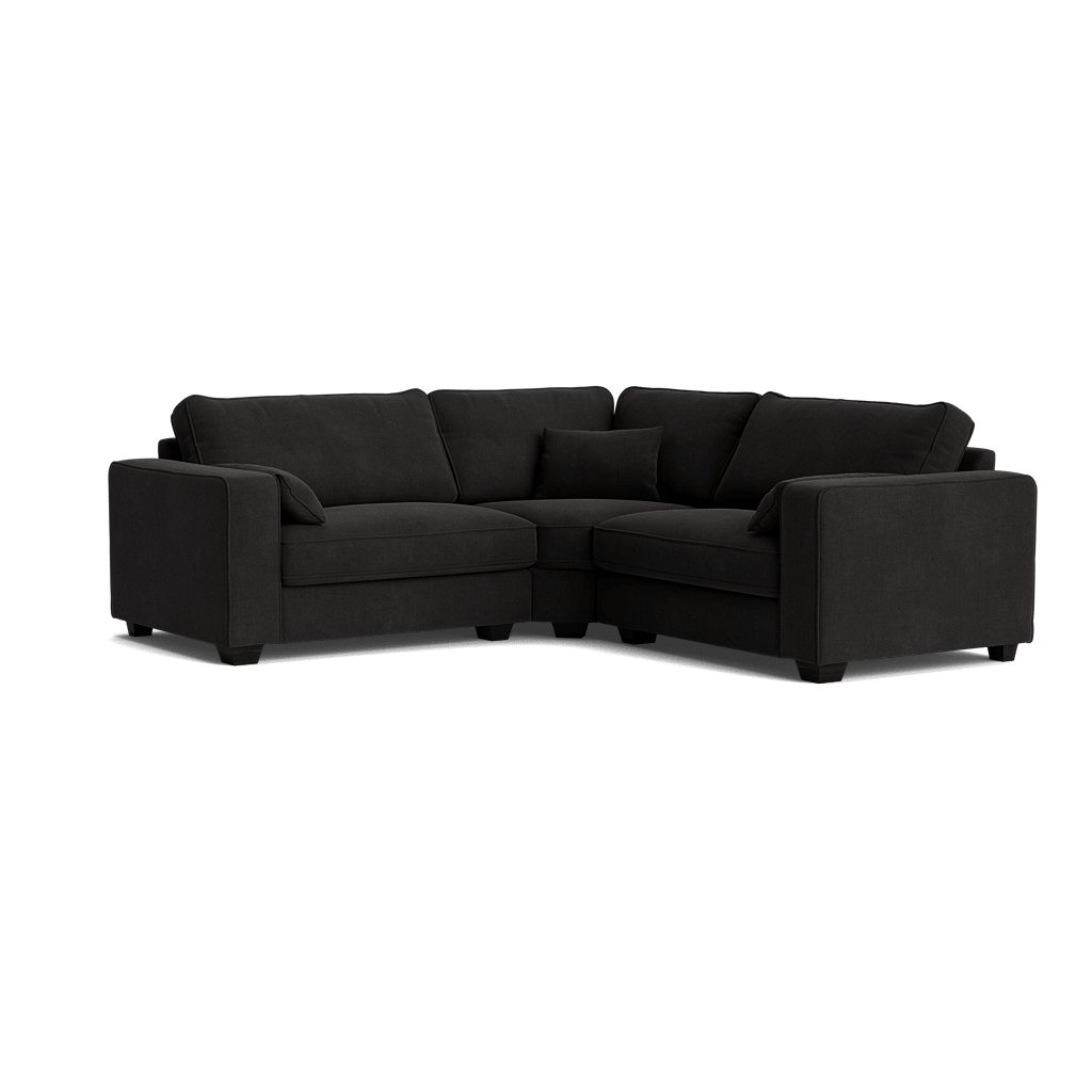 Modern dark grey fabric corner sofa with plush cushions and chaise lounge design