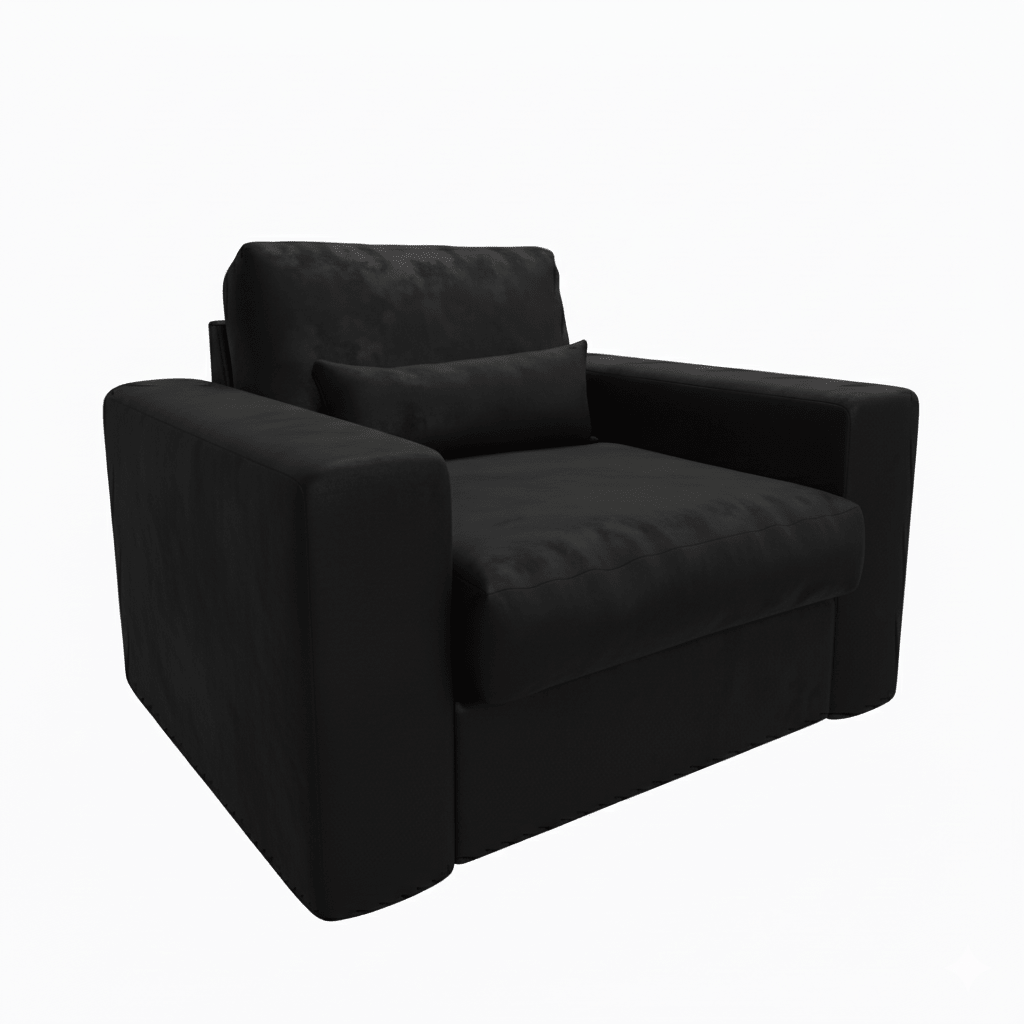 Modern black foam-filled loveseat with plush back and seat cushions, isolated on white background