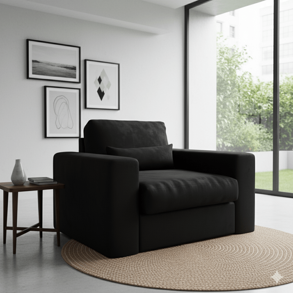 Modern cream foam-filled loveseat with plush cushions in a bright, minimalist living room