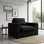 Modern cream foam-filled loveseat with plush cushions in a bright, minimalist living room