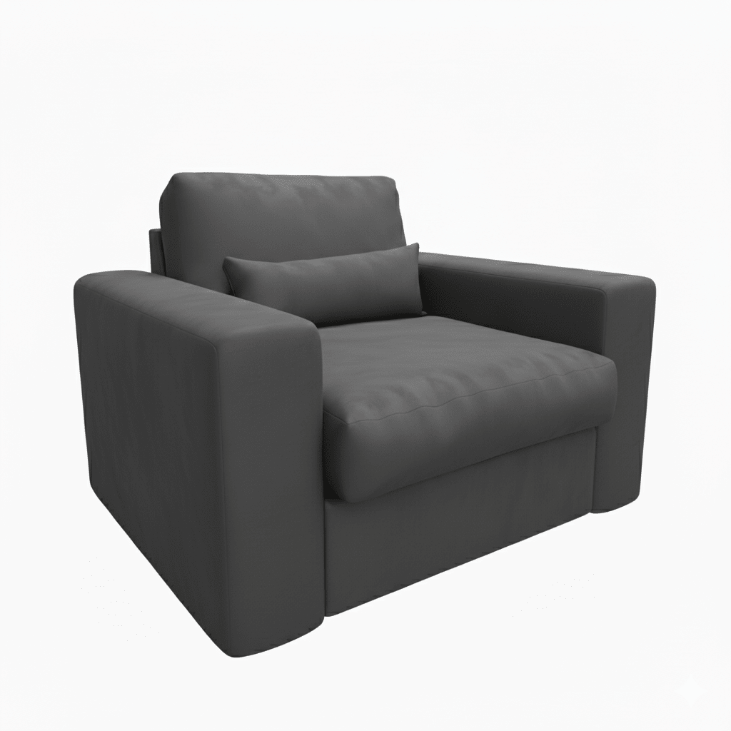 Modern dark grey foam-filled love seat with plush cushions on white background