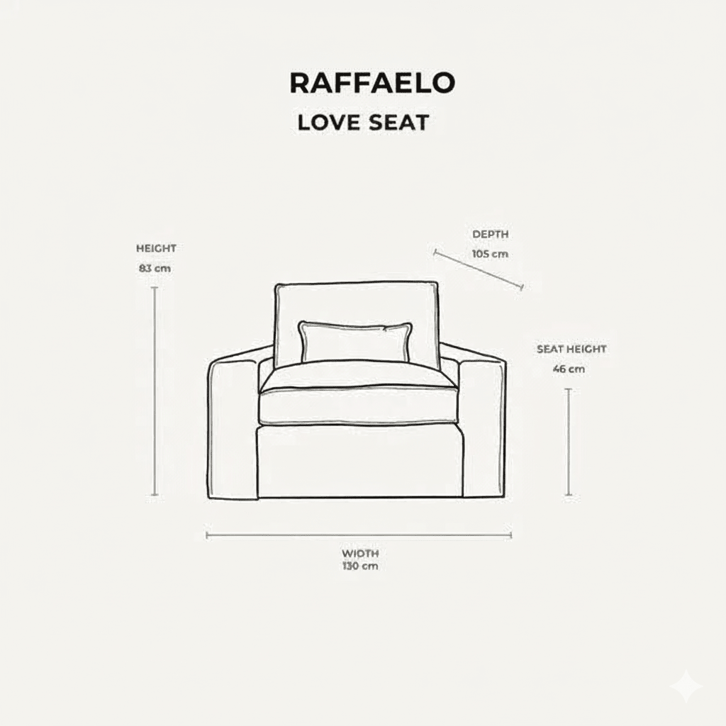 Line drawing of a cream foam-filled loveseat with dimensions, including width, height, and depth.