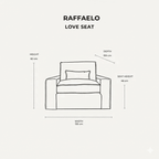 Line drawing of a cream foam-filled loveseat with dimensions, including width, height, and depth.