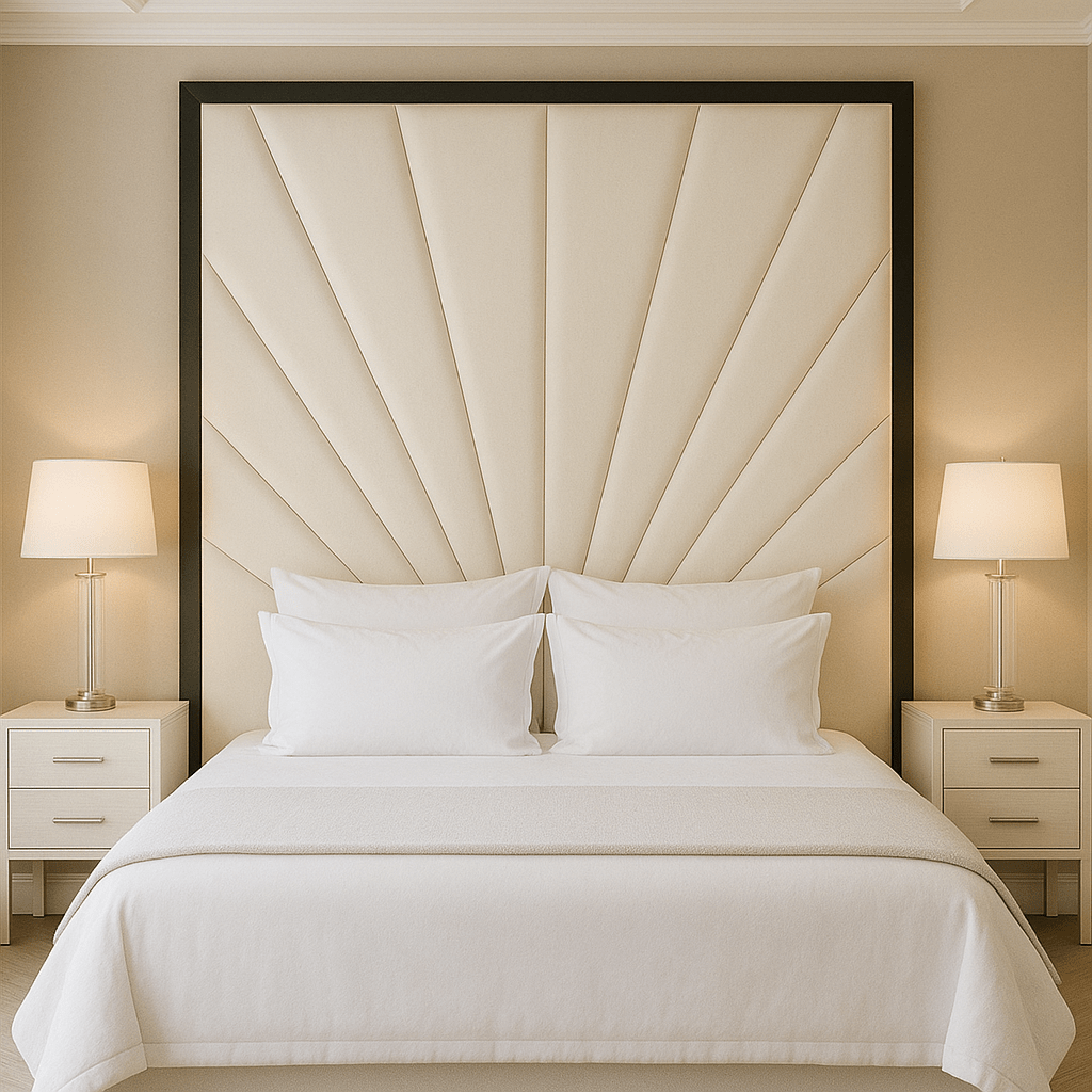 Deluxe cream bed with tall geometric headboard, gold outline, bedside tables and lamps