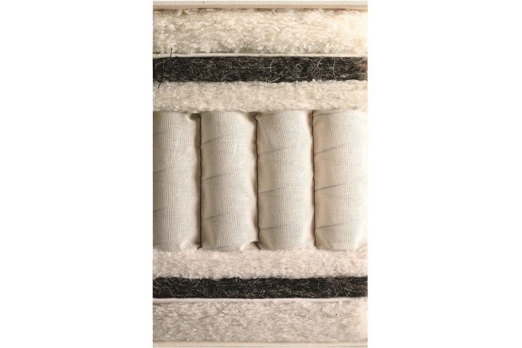 Mattress cross-section showing pocket springs, natural wool, and fibre layers for comfort and support