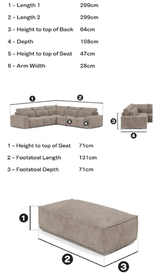 Taupe corner sofa and matching footstool bundle with labeled measurements and dimensions.