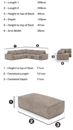 Taupe corner sofa and matching footstool bundle with labeled measurements and dimensions.