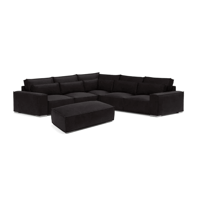 Modern dark corner sofa set with large matching ottoman, plush cushions, minimalist design