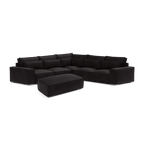 Modern dark corner sofa set with large matching ottoman, plush cushions, minimalist design