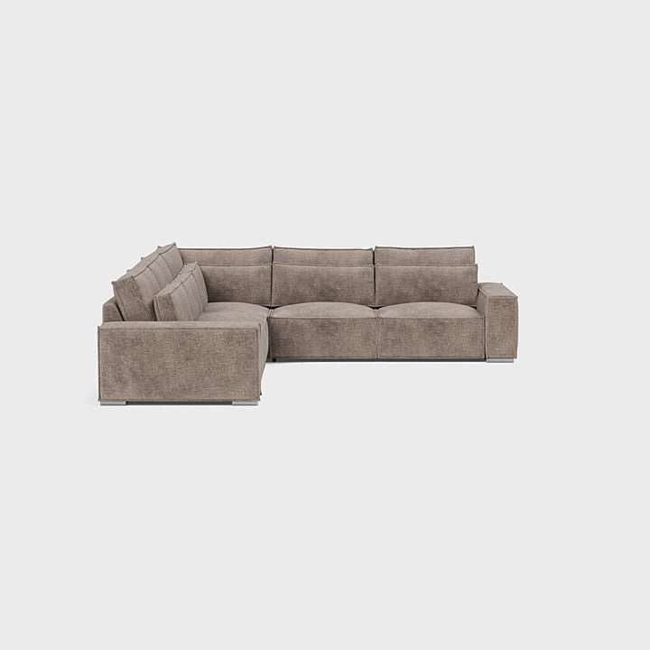 Taupe L-shaped modular sofa with deep seats and plush cushions on a white background